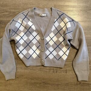 Hollister California Argyle Cropped Cardigan Gray White Blue Small